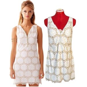 Lilly Pulitzer Nadine Shift Resort Lilly Pad Lace White and Gold Dress Size 2